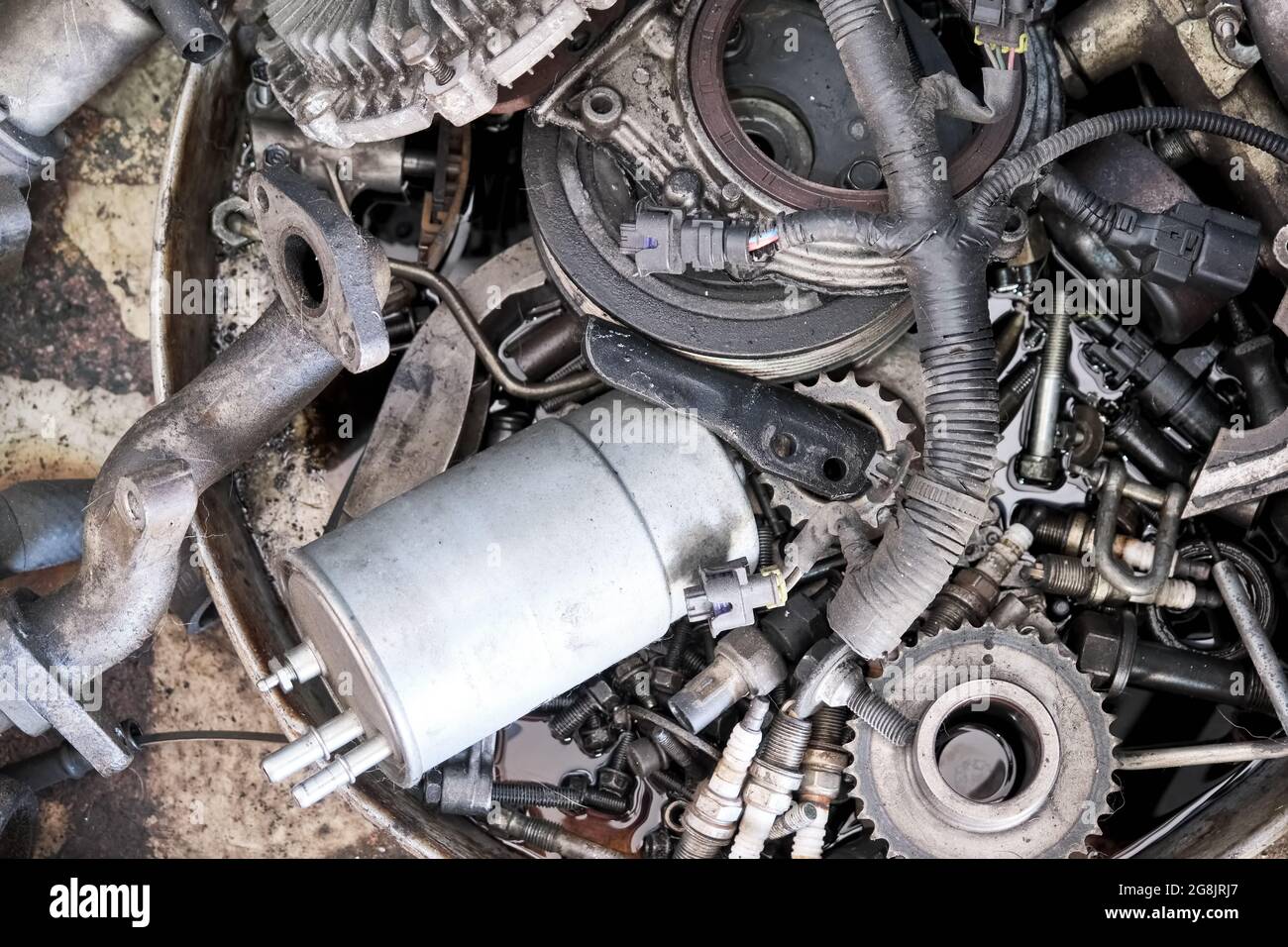 Car motor engine with dismantled fuel filter. Stock Photo