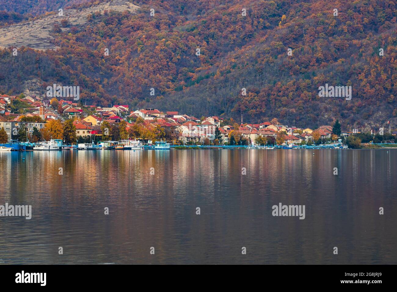 View of Danube river and Orsova city vegetation and buildings in Orsova, Romania Stock Photo