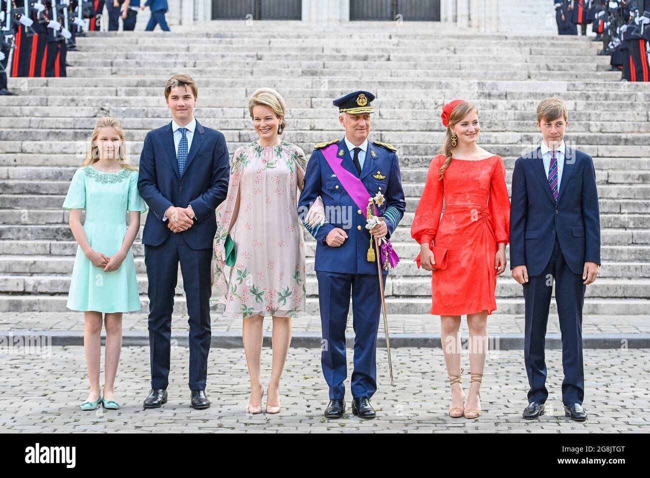 The royal family, with Princess Eleonore, Prince Gabriel, Queen Mathilde of Belgium, King Philippe - Filip of Belgium, Crown Princess Elisabeth and Pr Stock Photo