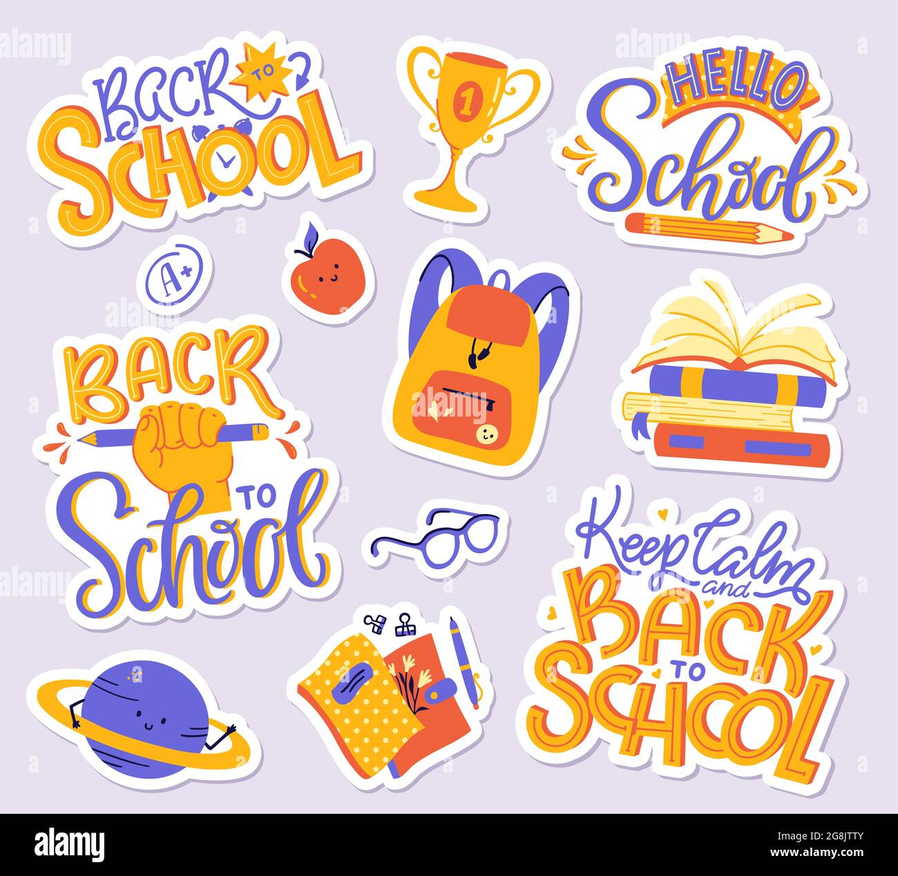 School sticker pack - books, copybooks, backpack, planet, apple, glasses, A+ grade mark, cup. Back to School hand letterings. Vector set. Stock Vector