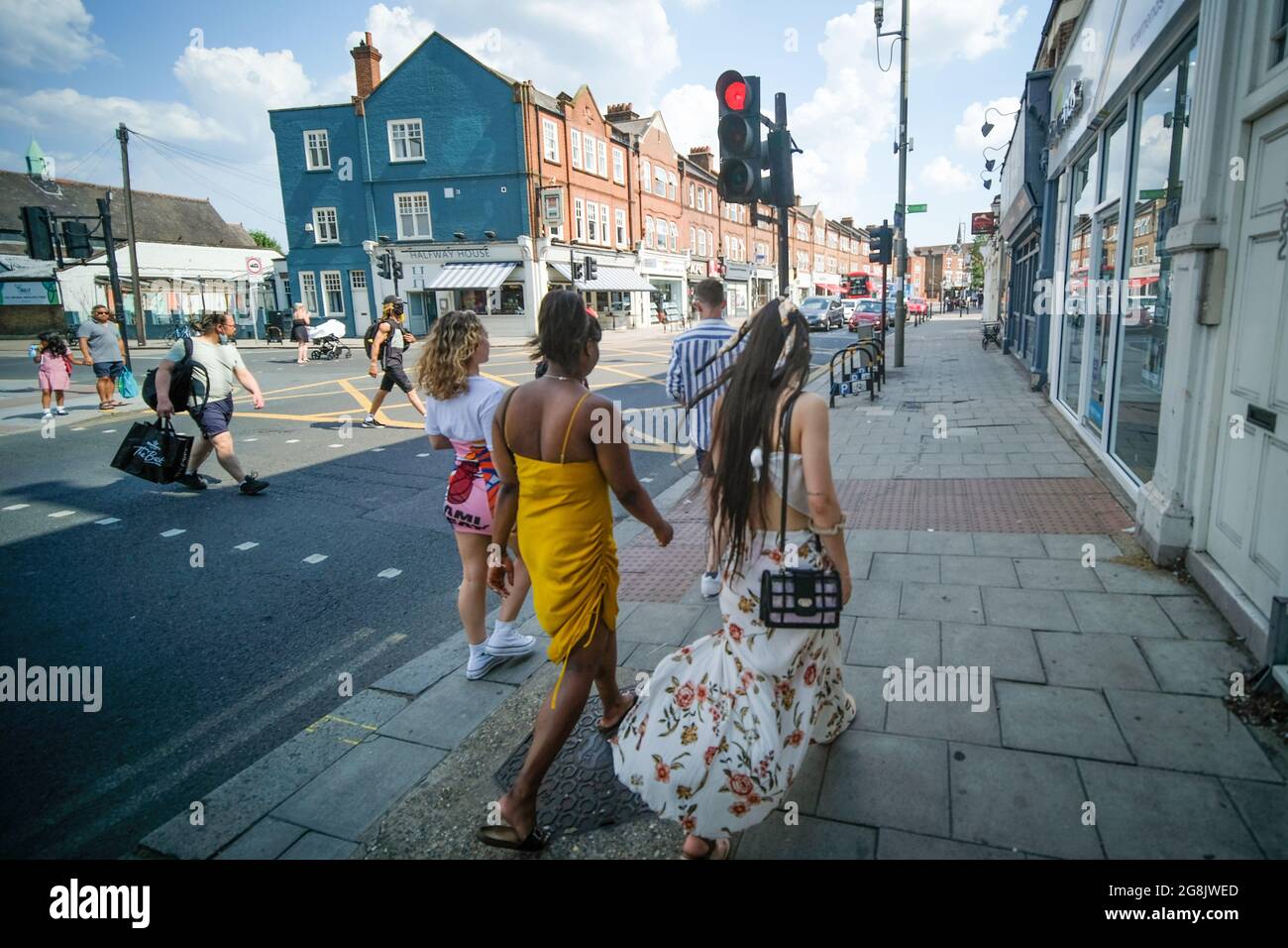 London- July 2021: Garratt Lane in Earlsfield, a high street of shops and food outlets in South West London Stock Photo