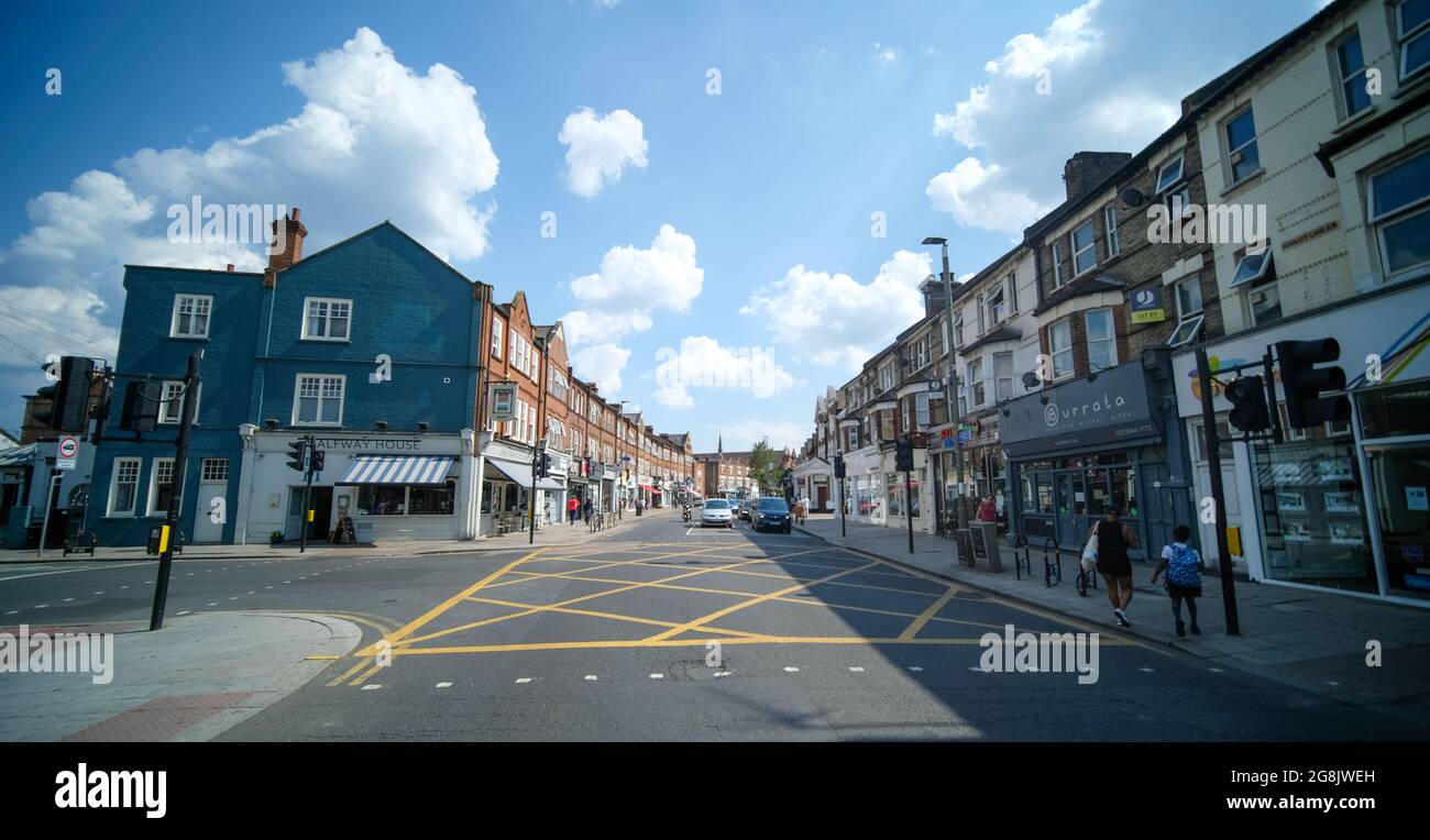 London- July 2021: Garratt Lane in Earlsfield, a high street of shops and food outlets in South West London Stock Photo