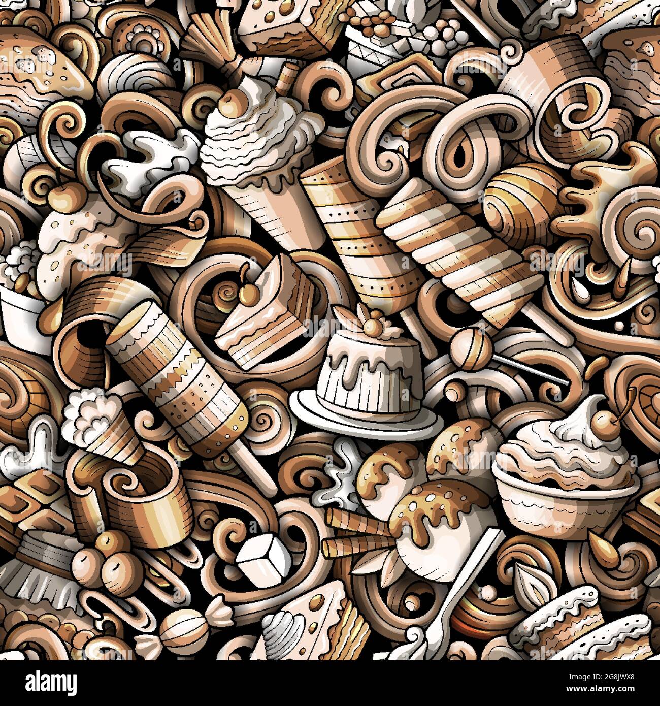 Cartoon doodles Desserts seamless pattern. Stock Vector