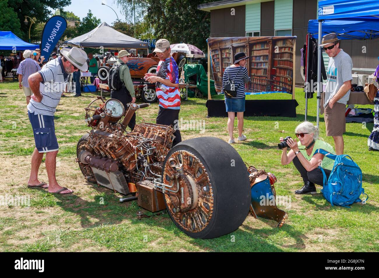 A steampunk-inspired motorcycle on display at a retro fair in Tauranga, New Zealand Stock Photo