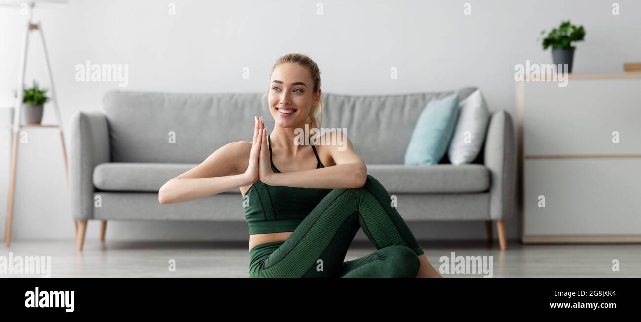 Calm, anti-stress, meditation, training alone at home, new normal Stock Photo
