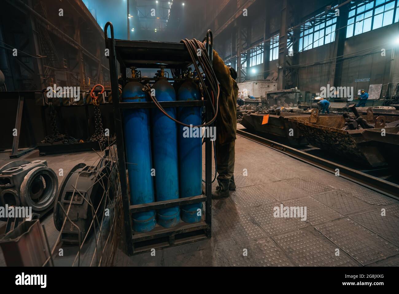 Balloons with gas or oxygen in heavy Industry manufacturing factory workshop. Metallurgy manufacturing. Stock Photo