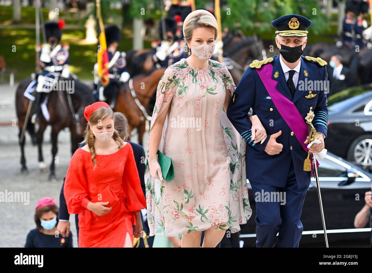 Crown Princess Elisabeth, Queen Mathilde of Belgium and King Philippe - Filip of Belgium arrive for the Te Deum mass, on the occasion of Today's Belgi Stock Photo