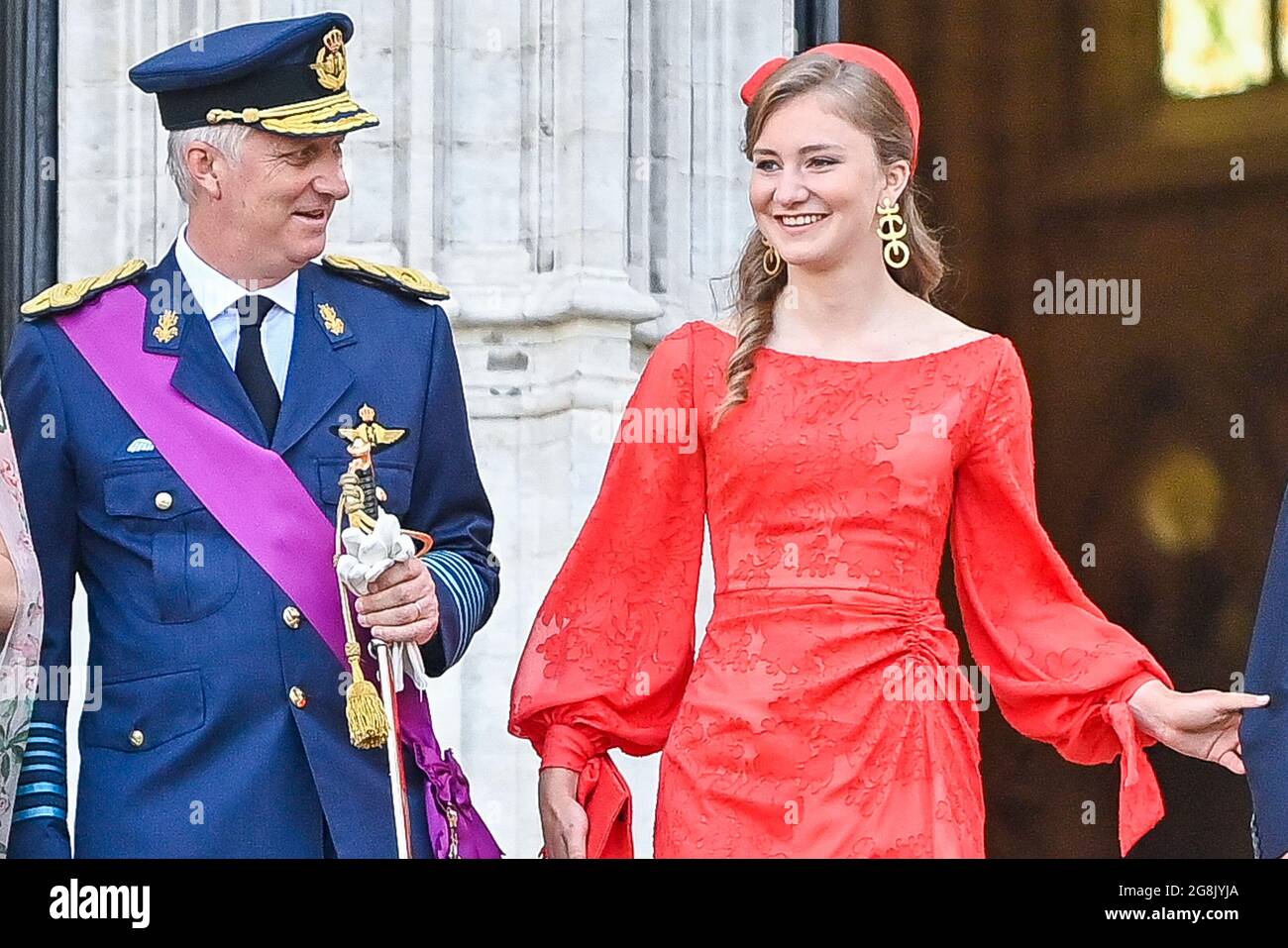King Philippe - Filip of Belgium and Crown Princess Elisabeth pictured after the Te Deum mass, on the occasion of Today's Belgian National Day, at the Stock Photo