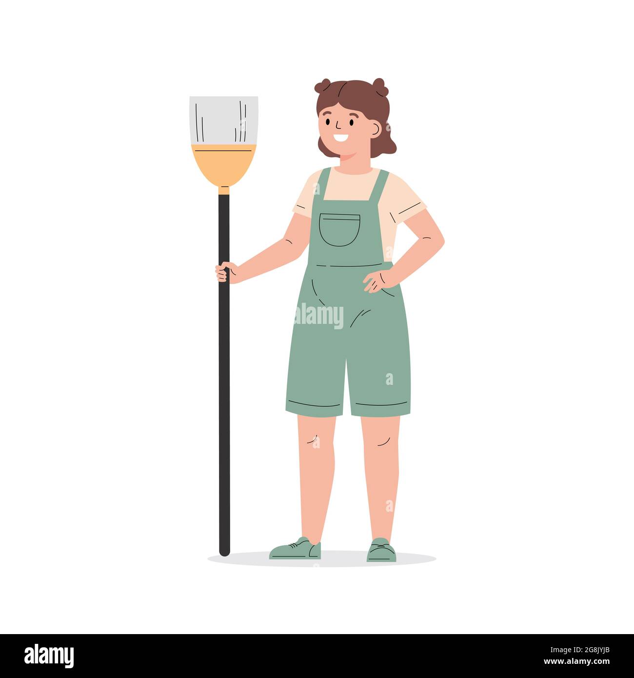 Young girl dressed in overalls with a broom.  Stock Vector