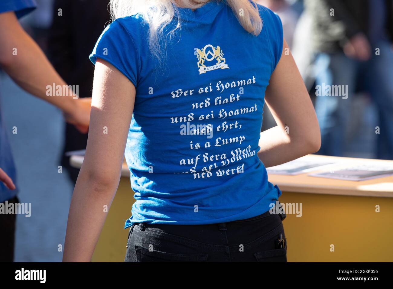 Munich, Germany. 26th Oct, 2019. IB activist with T-Shirt with a Bavarian racist slogan. The extreme right Verfassungsschutz surveilled Identitaere Bewegung held a rally on 26. October 2016 in Munich. (Photo by Alexander Pohl/Sipa USA) Credit: Sipa USA/Alamy Live News Stock Photo