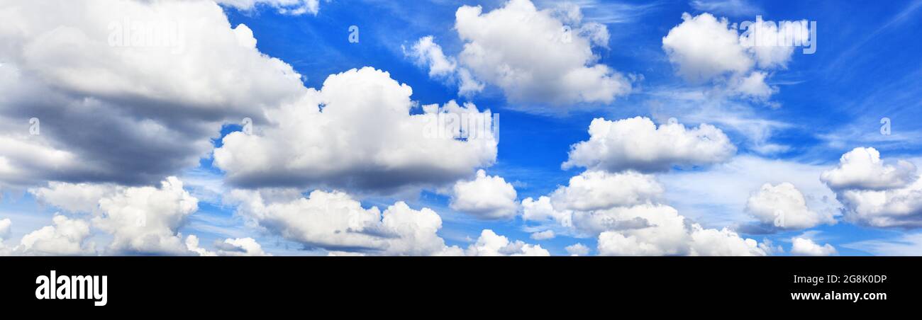 White fluffy clouds clear blue sky background panorama, cumulus cloud texture, cloudy azure skies, cloudscape panoramic view, sunny heaven, cloudiness Stock Photo