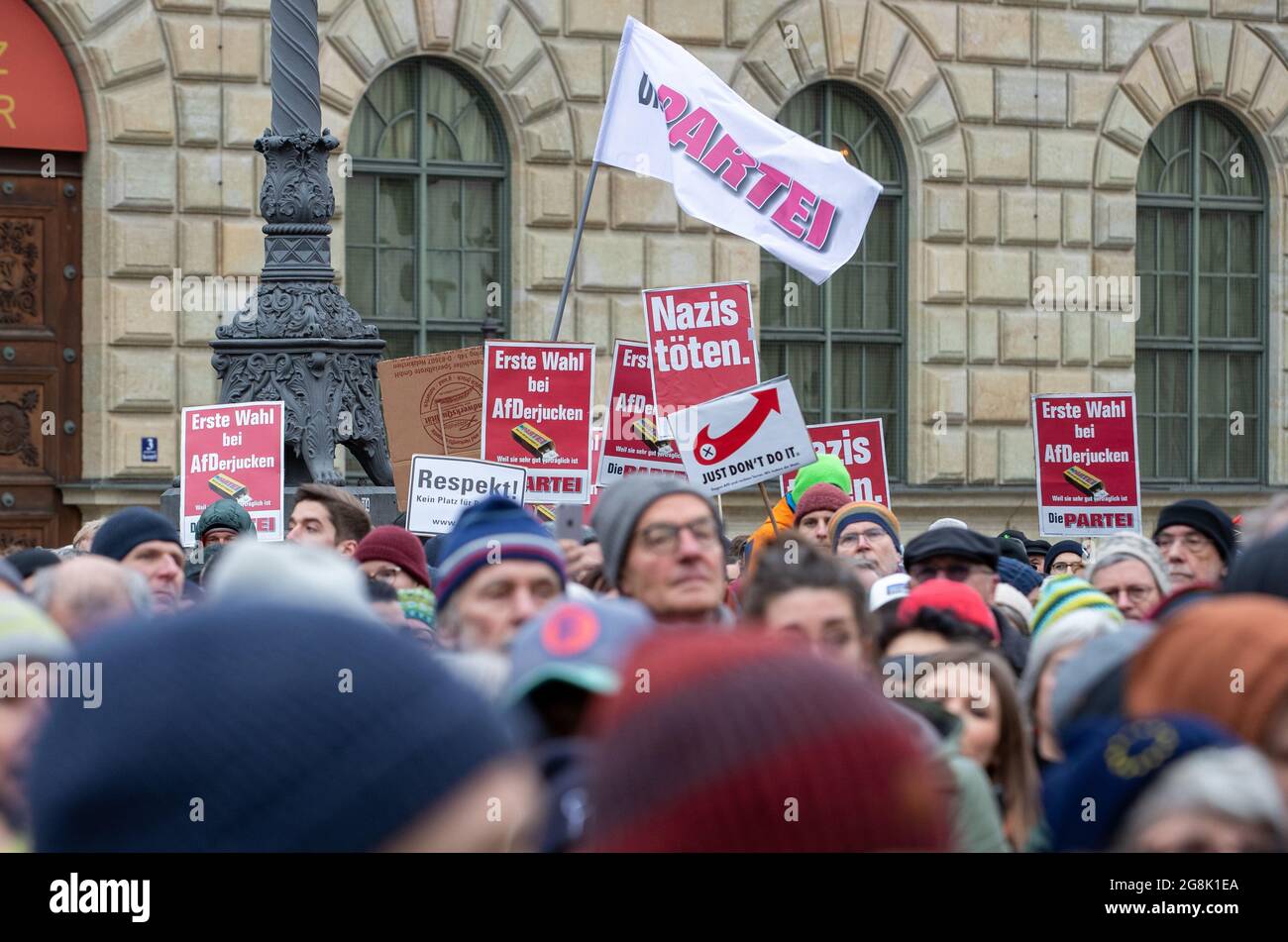 Munich, Germany. 06th Mar, 2020. Signs of Die PARTEI at the antifascist protest ' Just don't do it ' organized by Bellevue di Monaco on 6. March 2020 at the Max-Josef-Platz in Munich. (Photo by Alexander Pohl/Sipa USA) Credit: Sipa USA/Alamy Live News Stock Photo