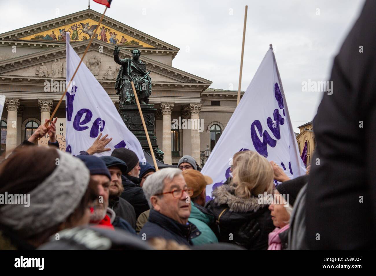 Munich, Germany. 06th Mar, 2020. Protest Banner against Markus Soeder being destroyed at the antifascist protest ' Just don't do it ' organized by Bellevue di Monaco on 6. March 2020 at the Max-Josef-Platz in Munich. (Photo by Alexander Pohl/Sipa USA) Credit: Sipa USA/Alamy Live News Stock Photo