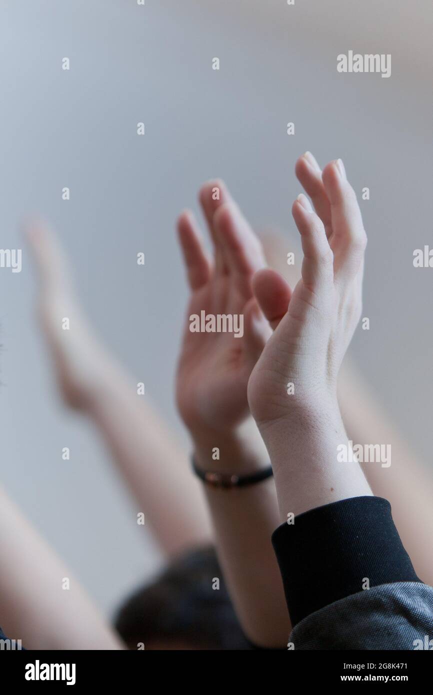Hands in contact. Relationship, connection and communication with touch, tenderness gesture. Stock Photo