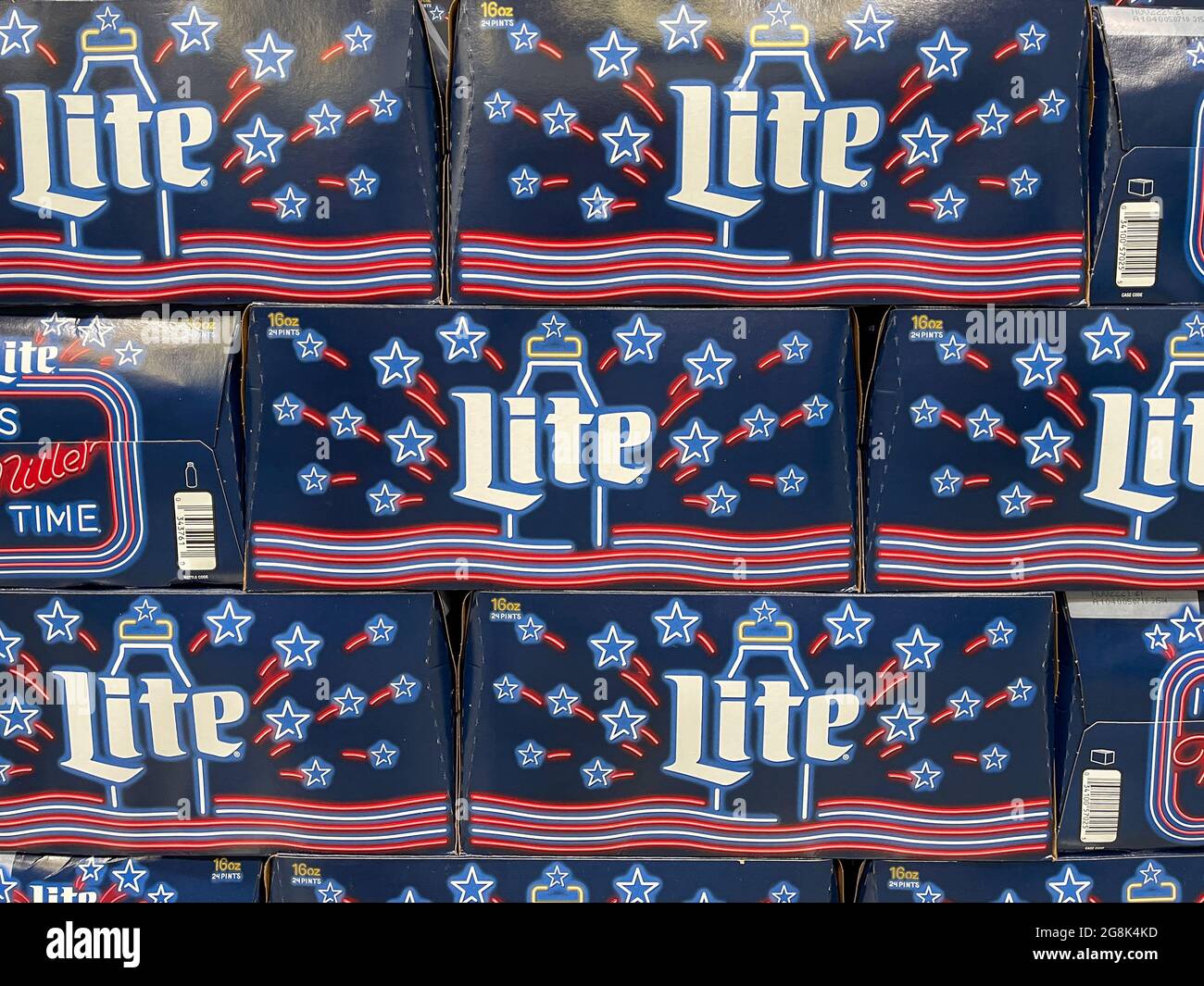 Orlando, FL USA July 16, 2021 Cases of cans of Miller Lite Beer at a