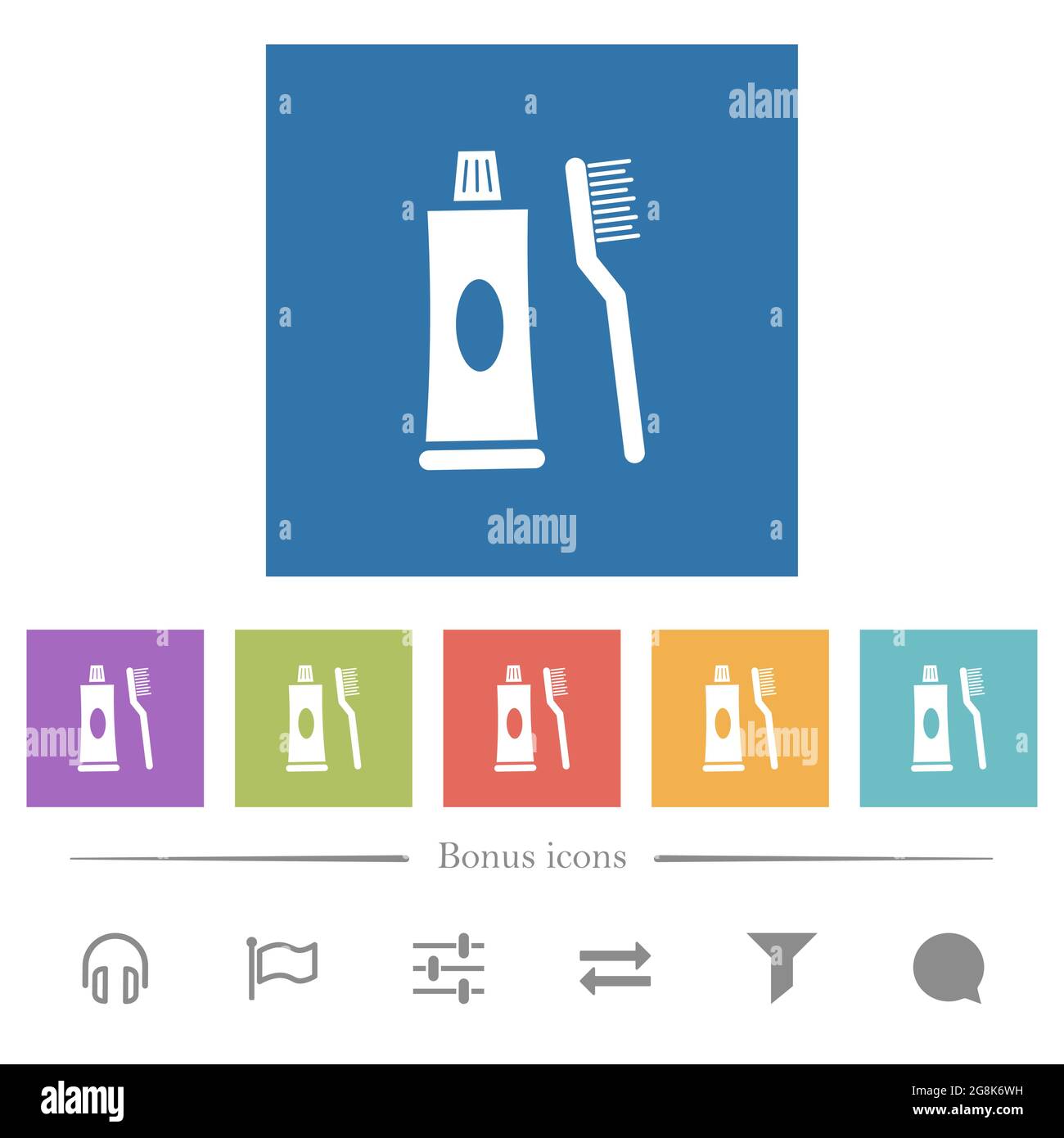 Toothbrush and toothpaste tube flat white icons in square backgrounds ...