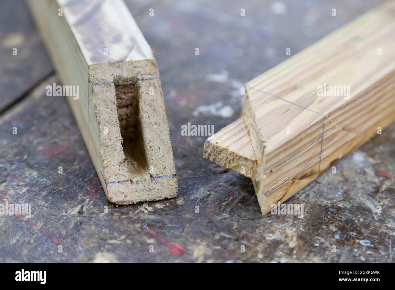 a combination mitre and mortise and tenon joint Stock Photo