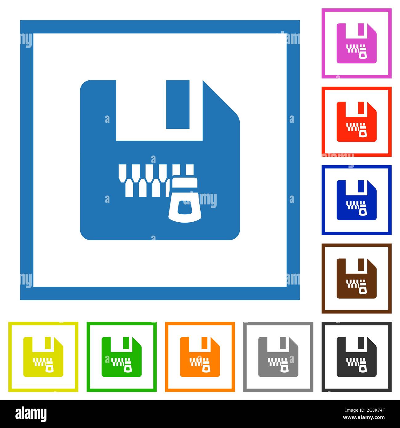 Zipped file flat color icons in square frames on white background Stock ...