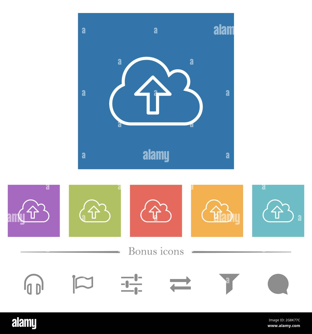 Cloud upload outline flat white icons in square backgrounds. 6 bonus ...