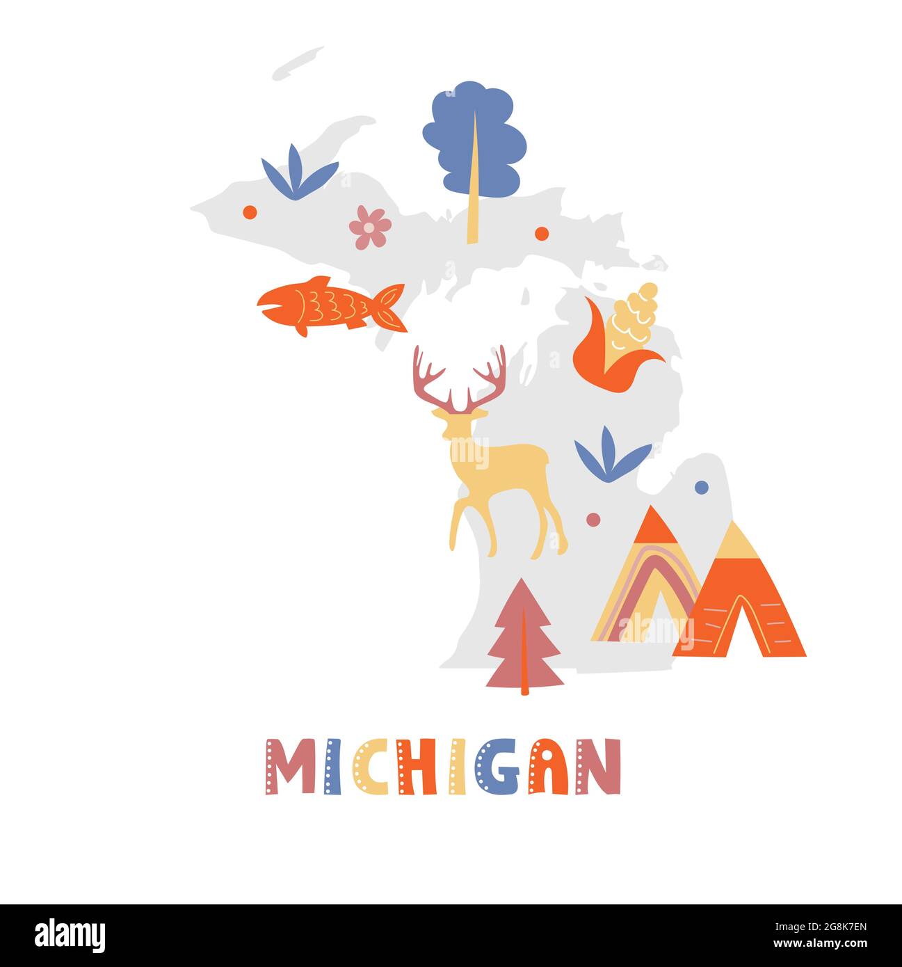 USA map collection. State symbols and nature on gray state silhouette - Michigan. Cartoon simple style for print Stock Vector