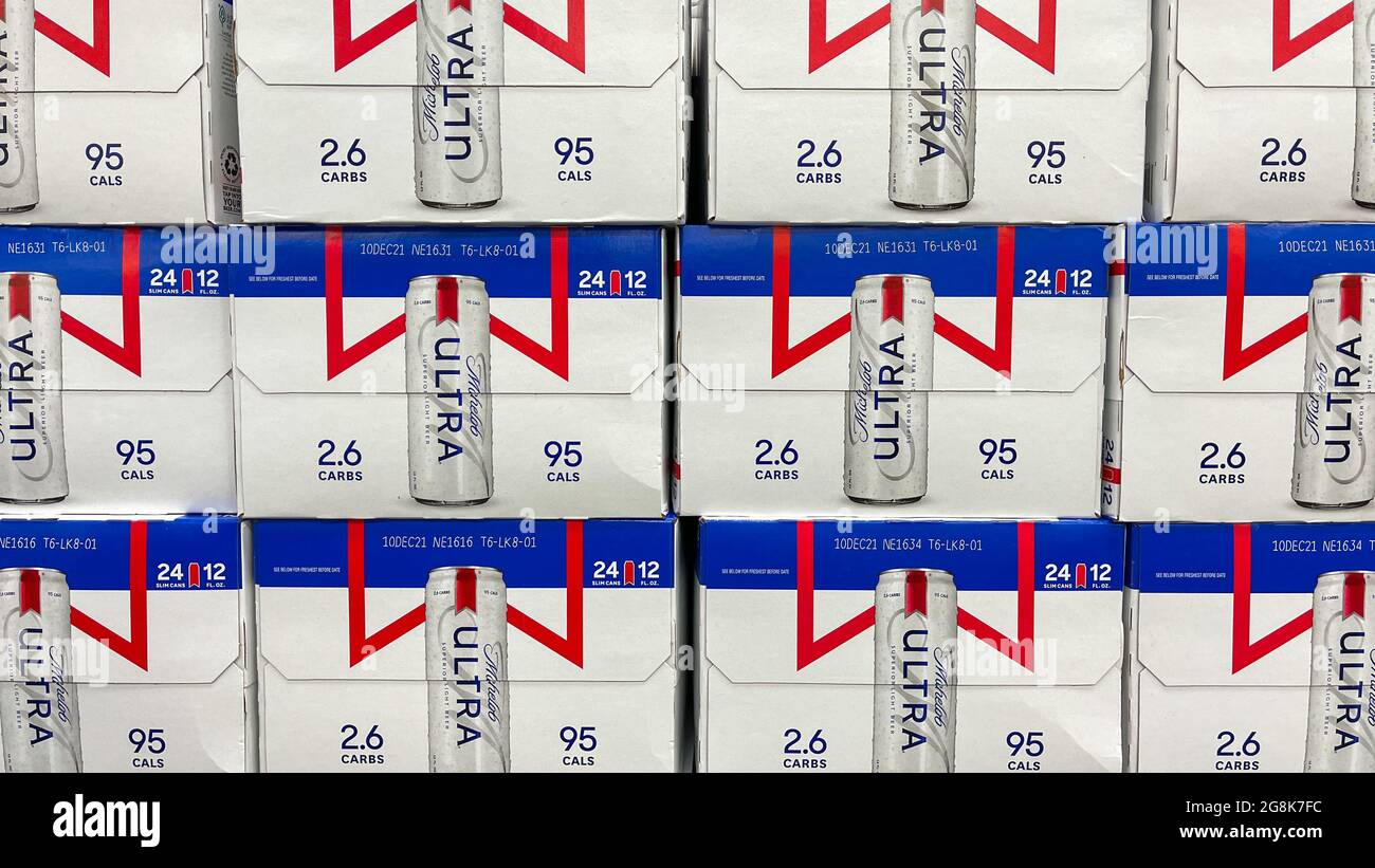 Orlando, FL USA - July 18, 2021: Cases of Michelob Ultra Beer at a Sams Club store waiting for customers to purchase.  Michelob Ultra is a product of Stock Photo
