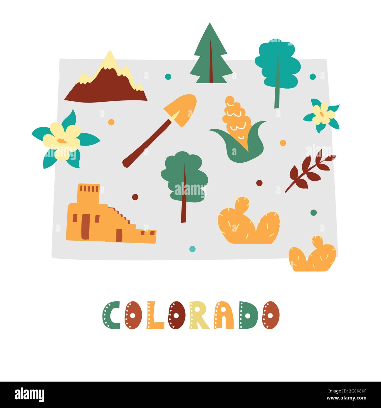 USA map collection. State symbols and nature on gray state silhouette ...