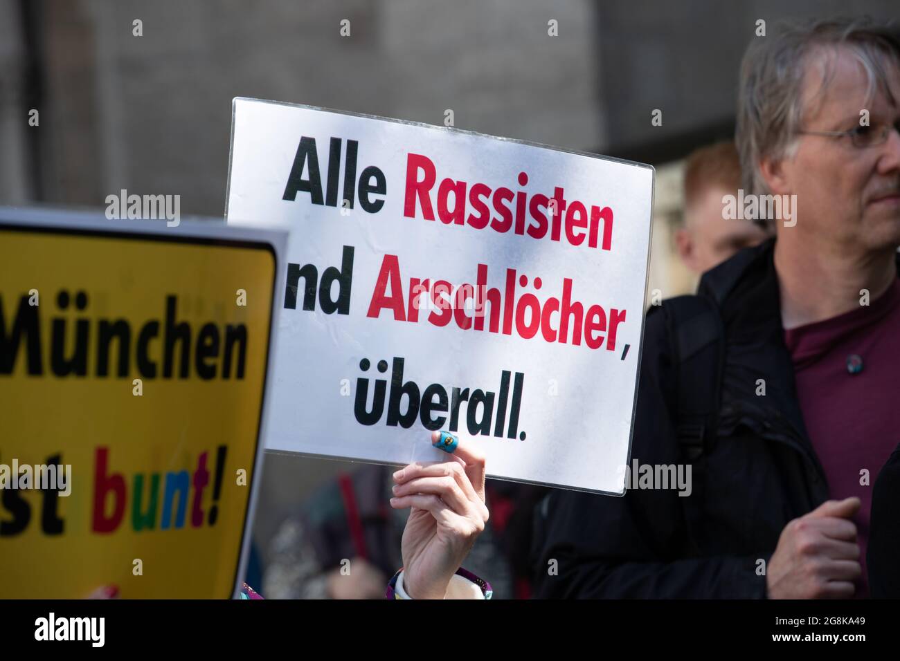 Muncih, Germany. 01st May, 2019. Sign against racism. On 1.5.2019 a few hundreds protested against a small group of AfD supporters in Munich. The AfD held a rally at the St. Paul's Church in Munich after a man who was mentally confused man disturbed the easter mess in the church. (Photo by Alexander Pohl/Sipa USA) Credit: Sipa USA/Alamy Live News Stock Photo