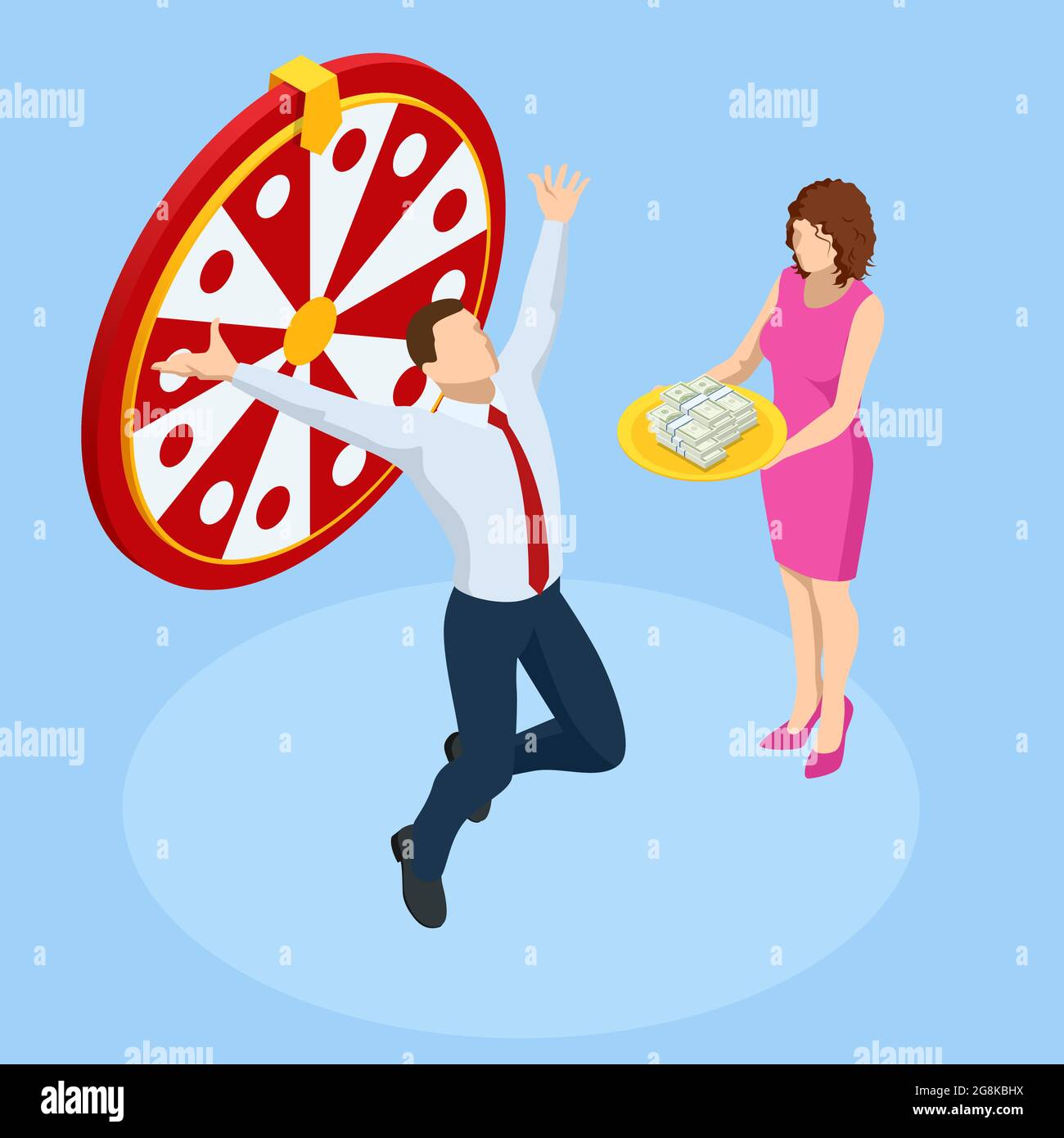 Isometric Win lottery prize, fortune winners concept. Wealthy businessman. Gambling, casino chance to play and win. Stock Vector