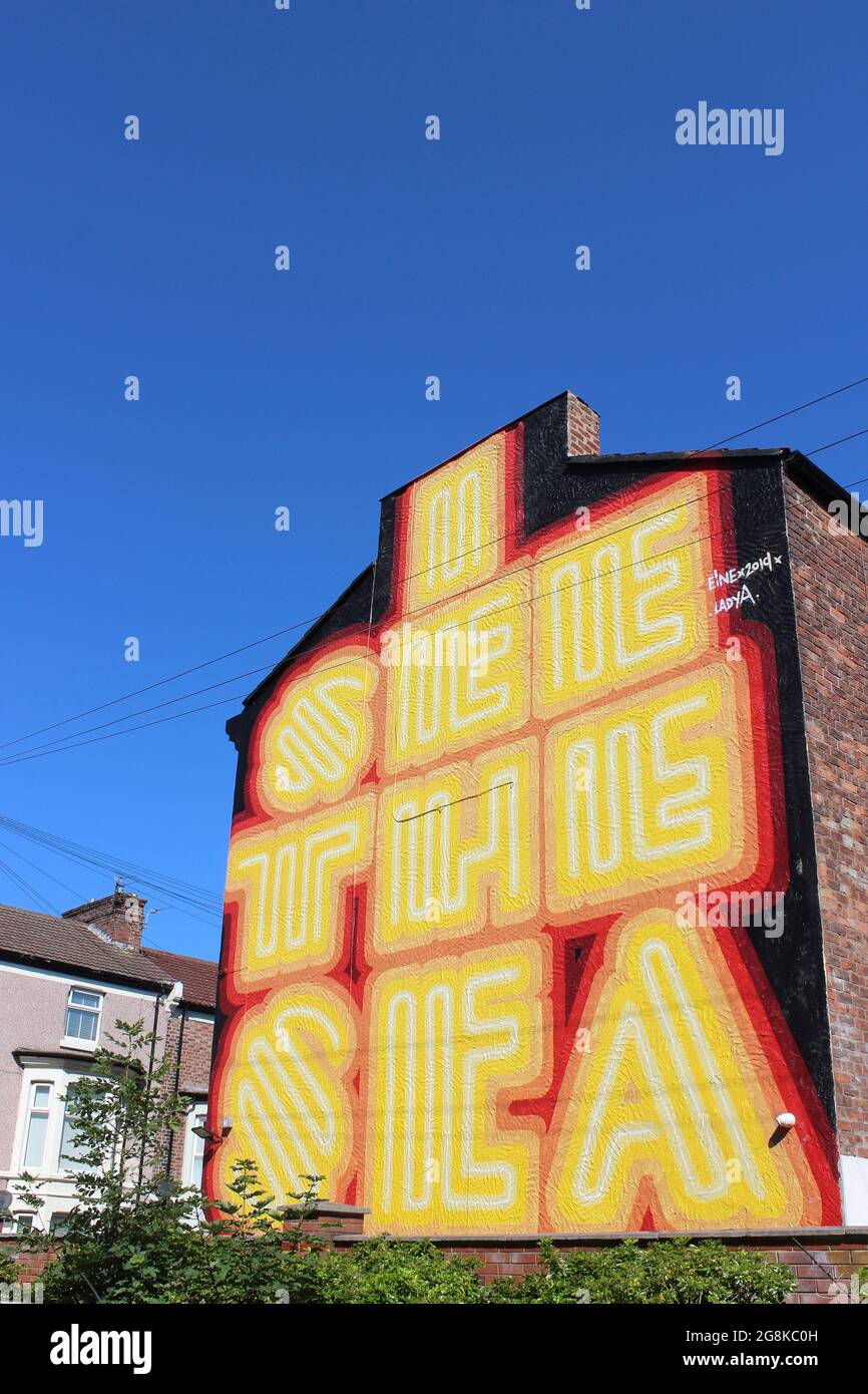 'I See The Sea' street art in New Brighton, Merseyside by letterform artist Ben Eine. Stock Photo