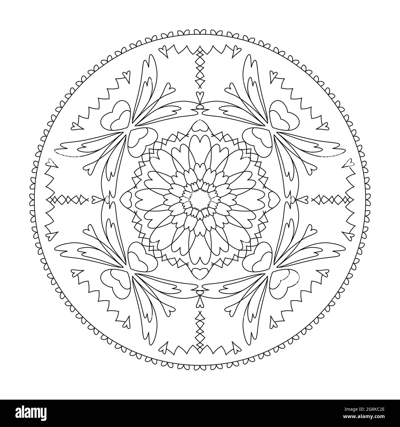 Mandala. Stretched hearts. Anti-stress coloring page. Vector illustration black and white. Stock Vector