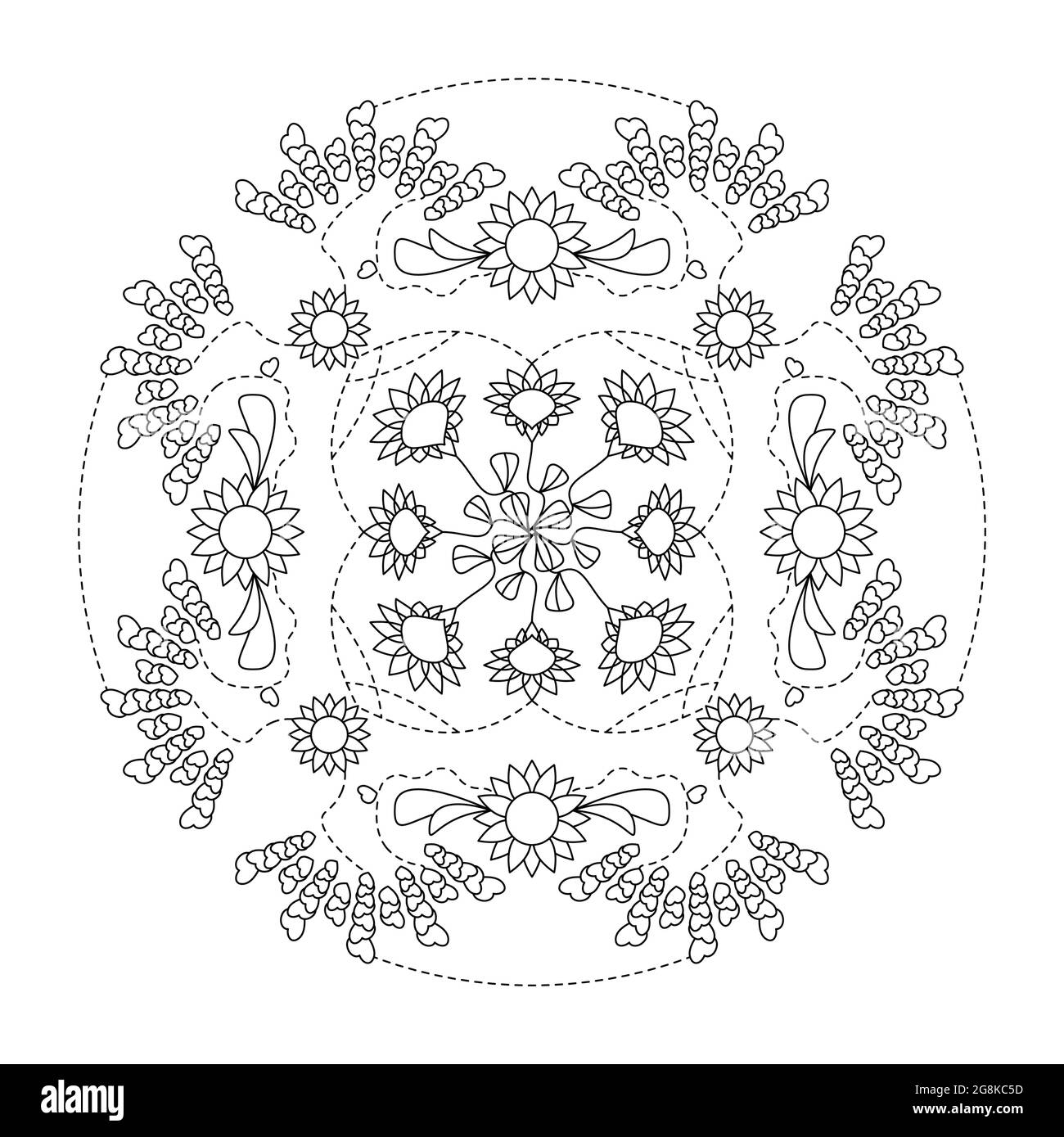 Mandala. Hearts and flowers. Anti-stress coloring page. Vector illustration black and white. Stock Vector
