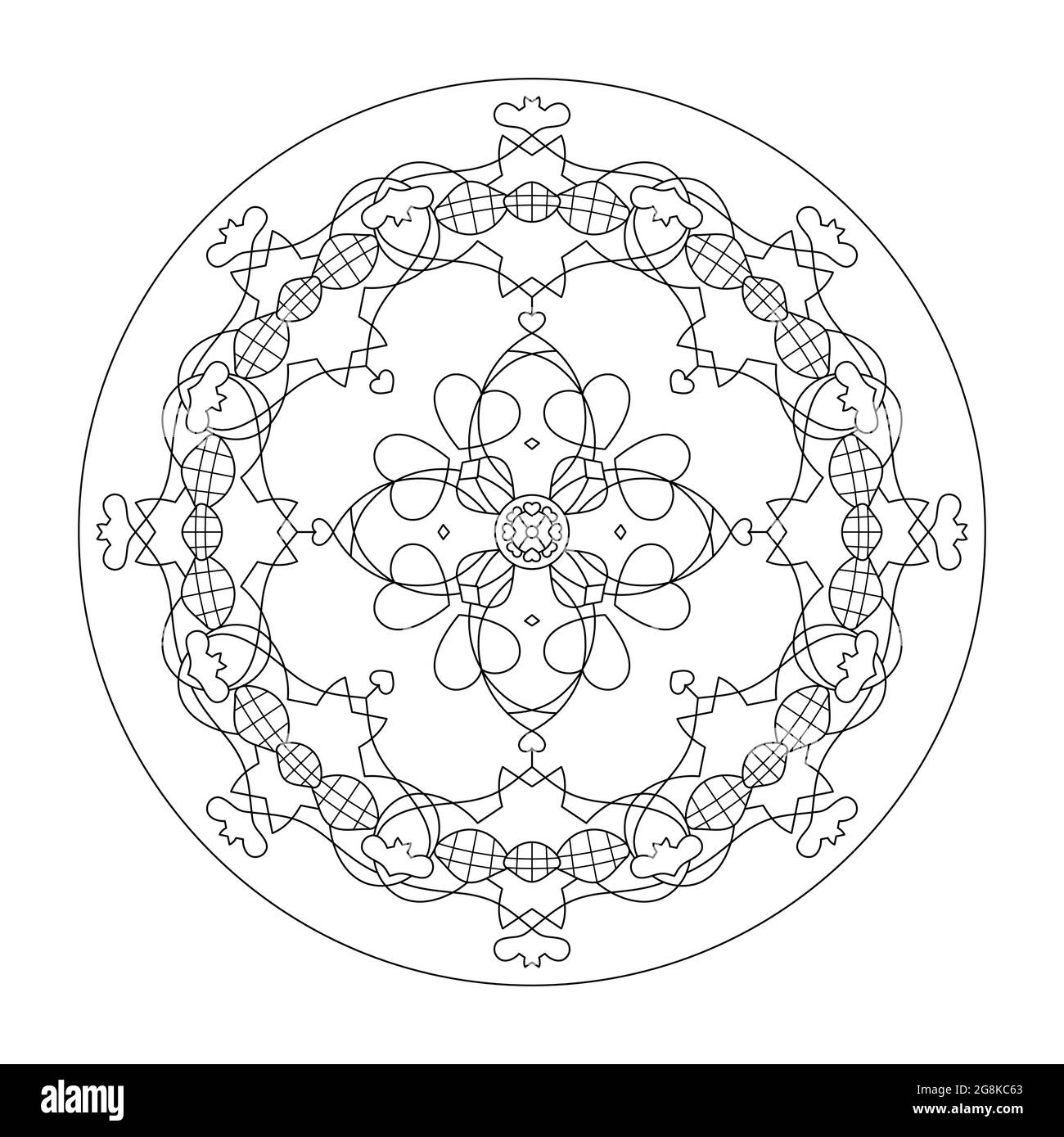 Mandala. Hearts. Anti-stress coloring page. Vector illustration black and white. Stock Vector