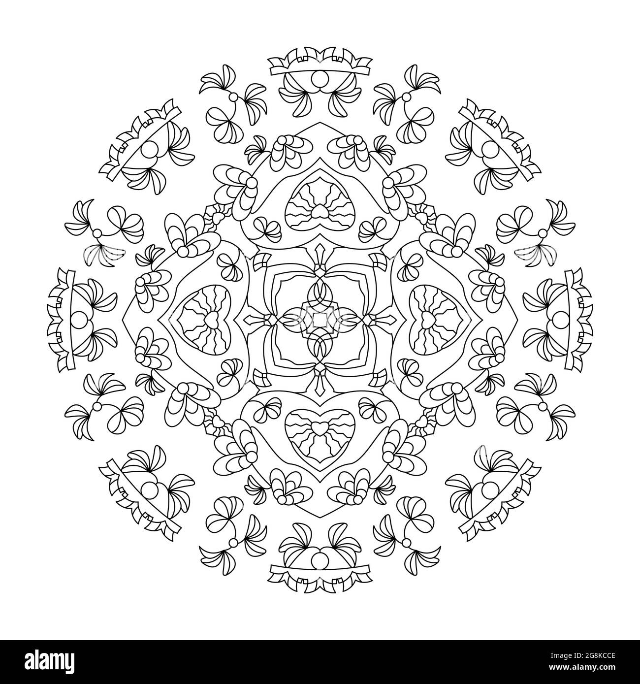 Mandala. Hearts and leaves. Anti-stress coloring page. Vector illustration black and white. Stock Vector