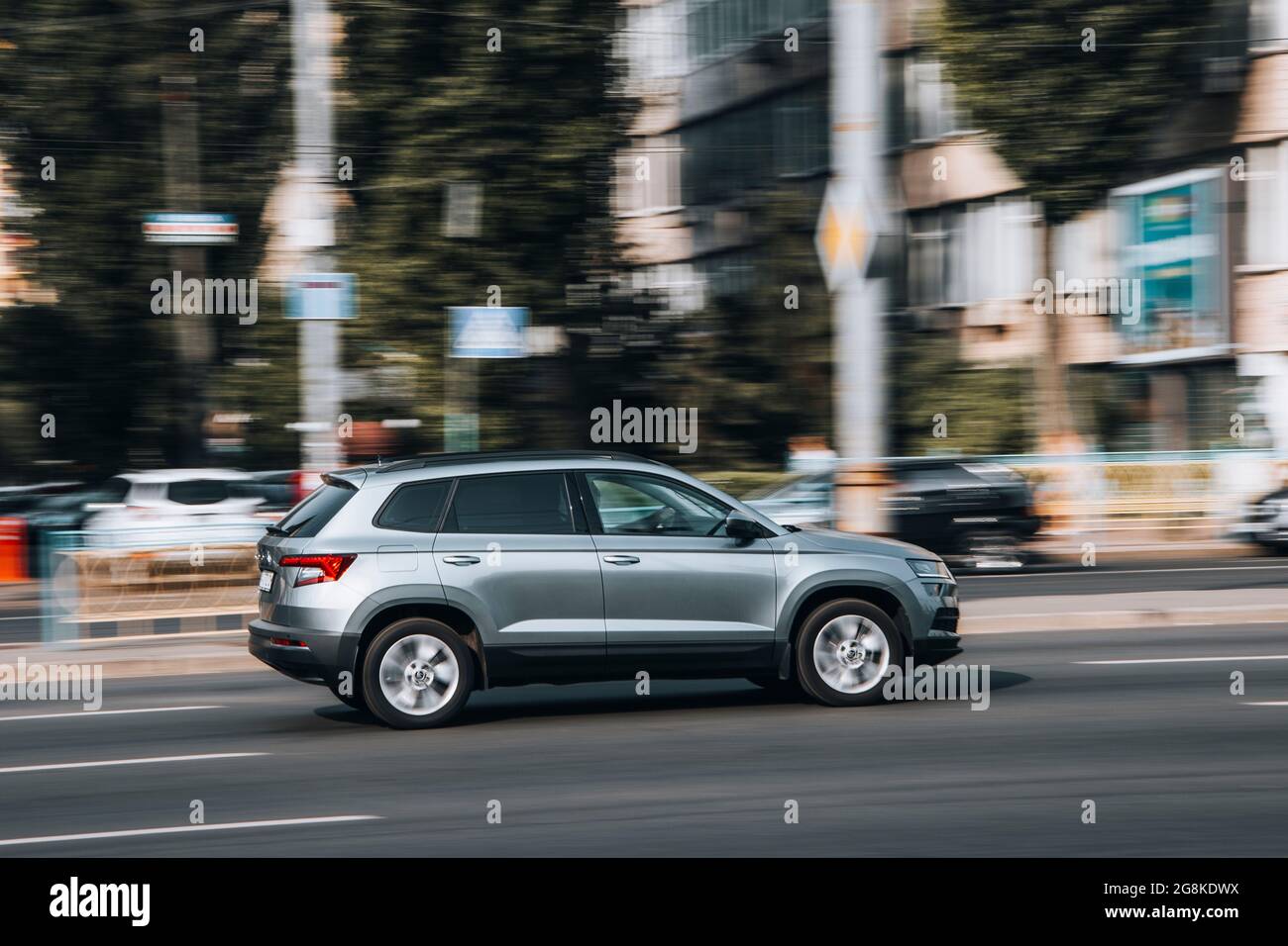 Ukraine, Kyiv - 16 July 2021: Gray Skoda Karoq car moving on the street. Editorial Stock Photo