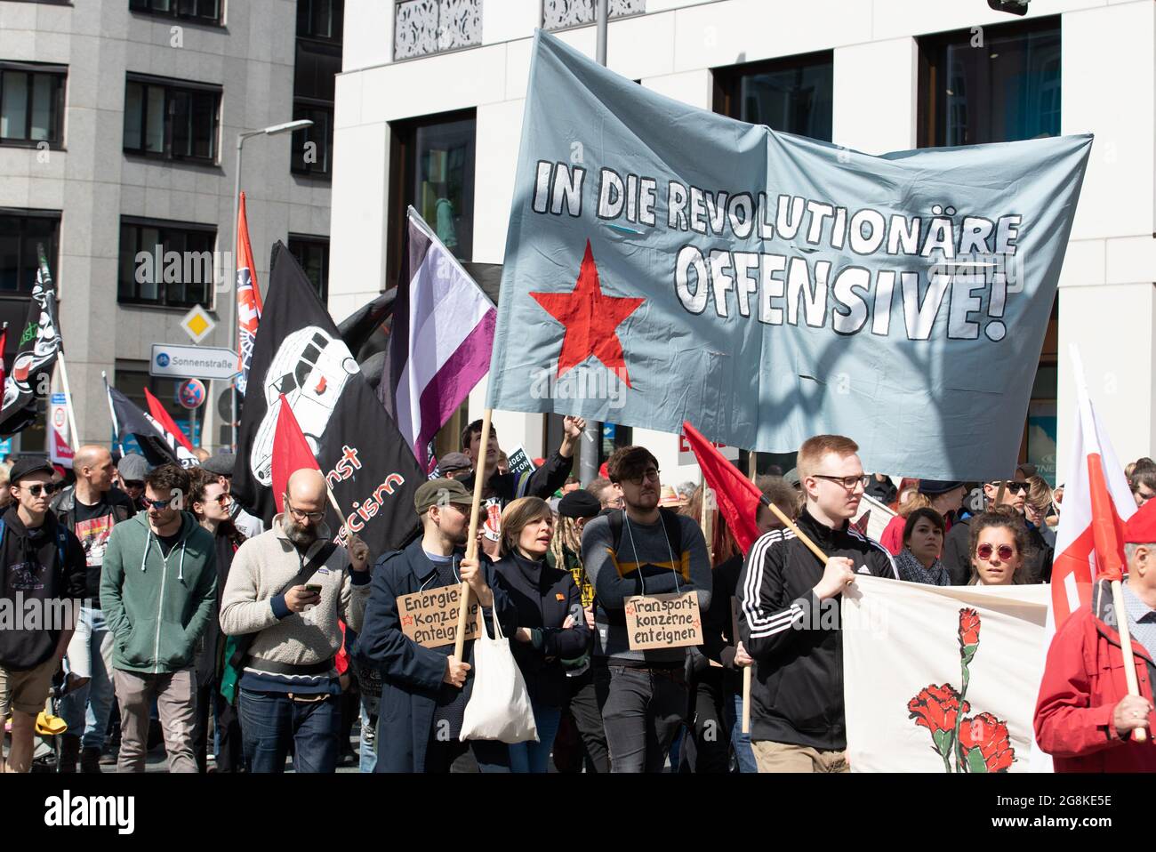 Munich, Germany. 01st May, 2019. Revolutionary Activists. On 1.5.2019 a few thousands people demonstrated at the MayDay protest in Munich. (Photo by Alexander Pohl/Sipa USA) Credit: Sipa USA/Alamy Live News Stock Photo