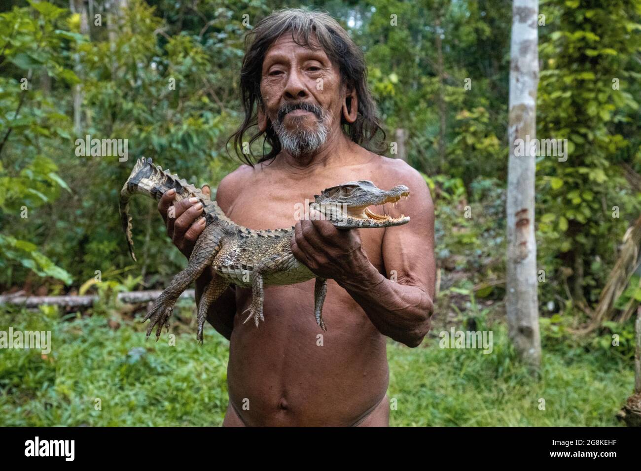 A senior male member of the tribe displayed a crocodile he had caught. AMAZONIAN ECUADOR: In one image, a woman wore red makeup across her eyes and a Stock Photo