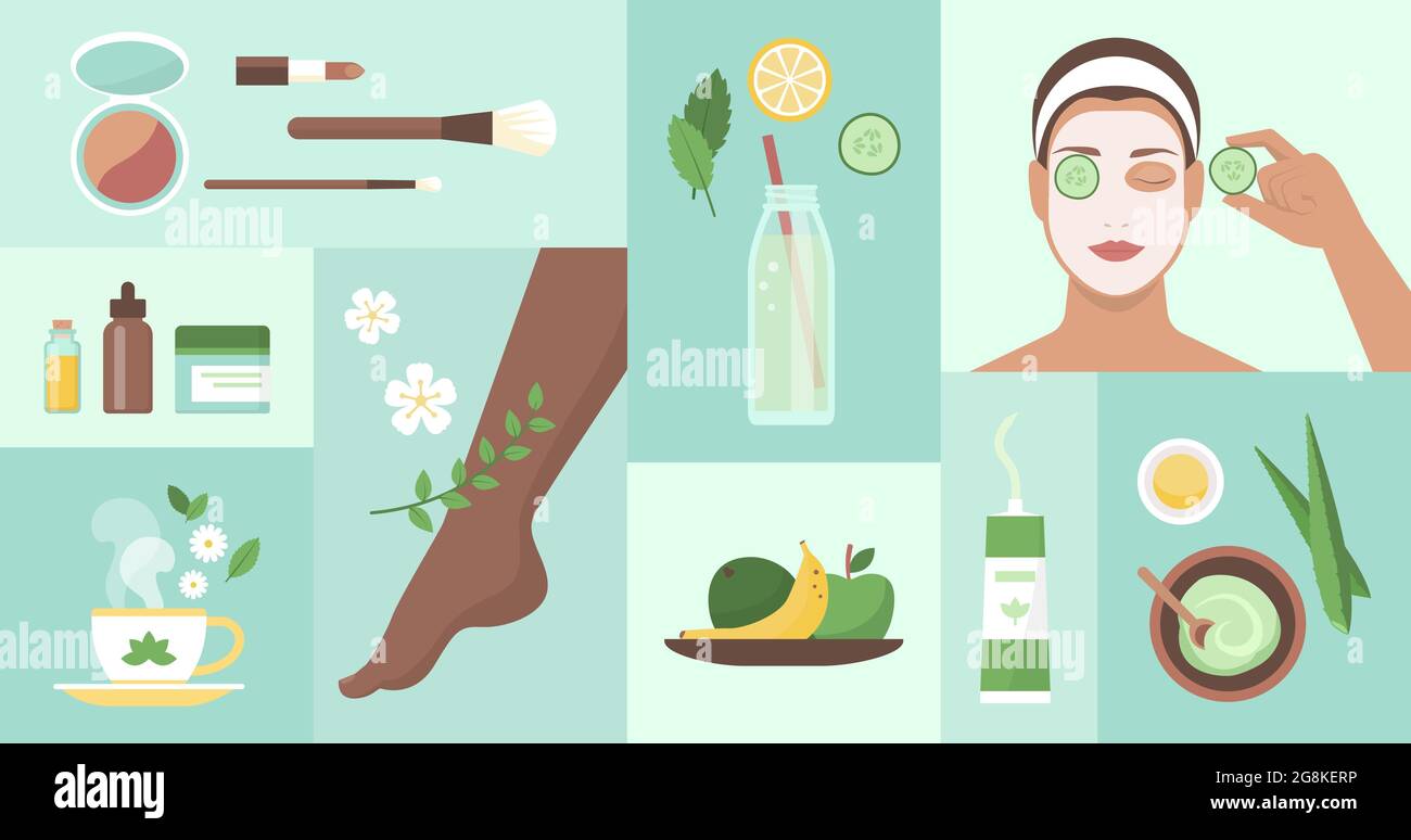 Natural body care and beauty products icons set Stock Vector