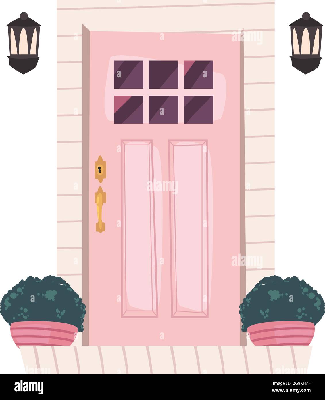 pink door with houseplants and lanterns Stock Vector