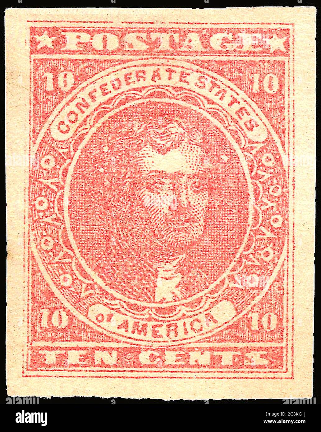 Confederate postage stamp, ten cent rose, general issue 1862, type 5 Postage stamp depicts Thomas Jefferson printed in red. Postal service of the Confederate States of America. Stock Photo