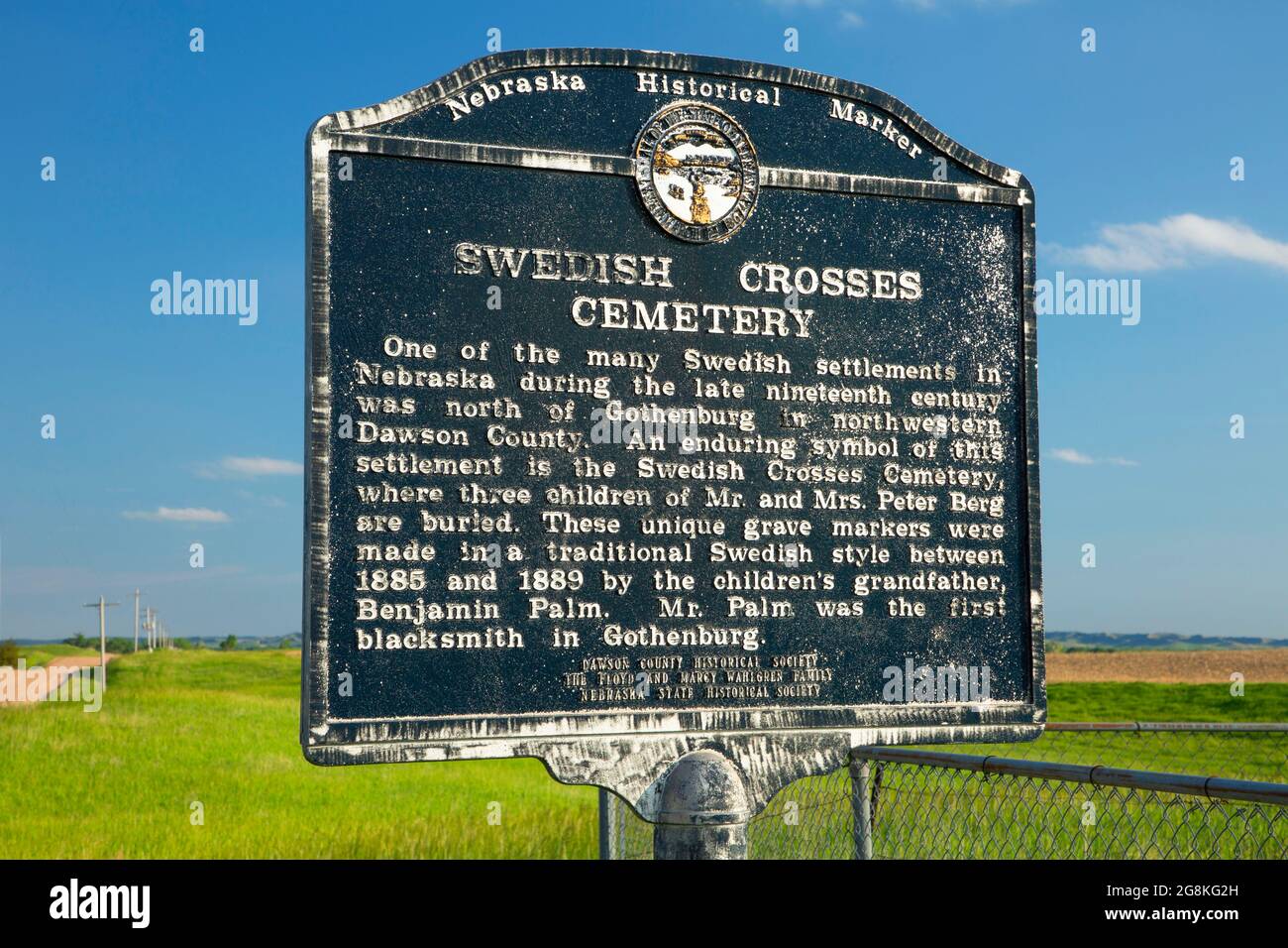 Swedish Crosses Cemetery history marker, Gothenburg, Nebraska Stock