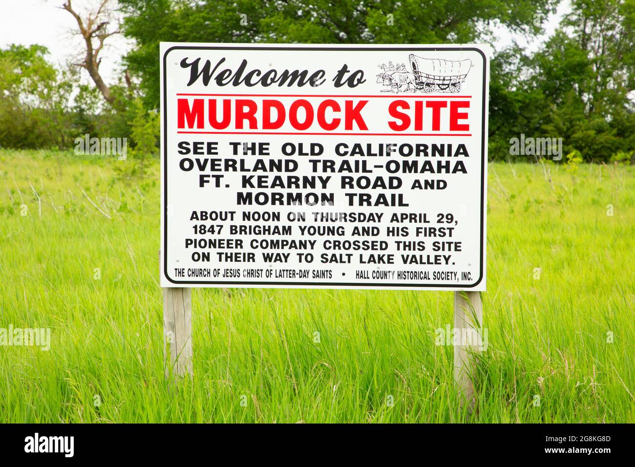 Murdock Site sign, Mormon Pioneer National Historic Trail, Hall County, Nebraska Stock Photo