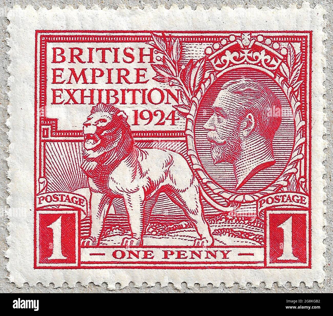 1924 British Empire Exhibition 'Wembley' Stamps (Great Britain, King George V) One Penny Red Designed by H. Nelson. Printing plates engraved by J. A. C. Harrison. Printed by Waterlow and Sons. Stock Photo