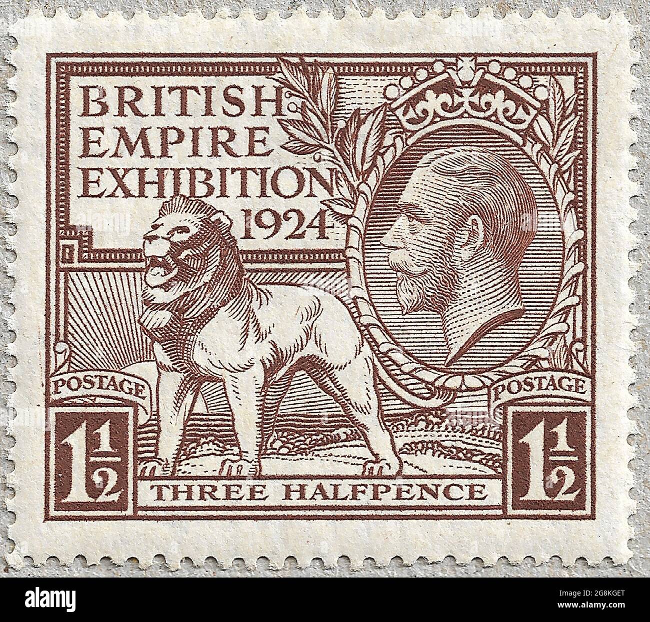 1924 British Empire Exhibition 'Wembley' Stamps (Great Britain, King George V) Three halfpence Brown Designed by H. Nelson. Printing plates engraved by J. A. C. Harrison. Printed by Waterlow and Sons. Stock Photo