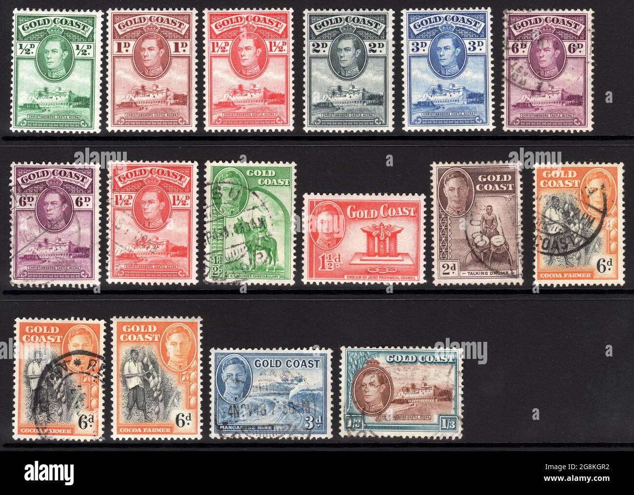 Gold Coast postage stamps.  1938 to 1948. with portrait of King George V Stock Photo