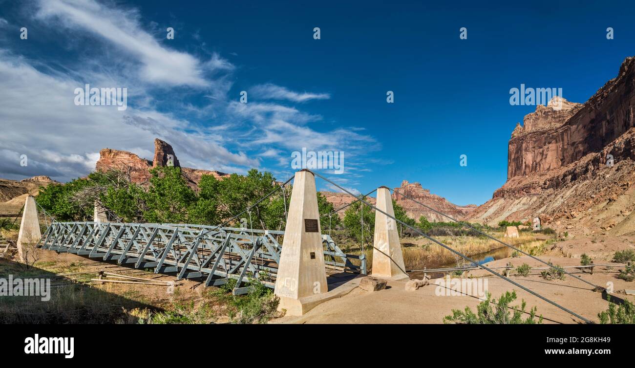 The Swinging Bridge aka San Rafael Bridge, 1937, over San Rafael River, near Buckhorn Wash, San Rafael Swell area, Utah, USA Stock Photo