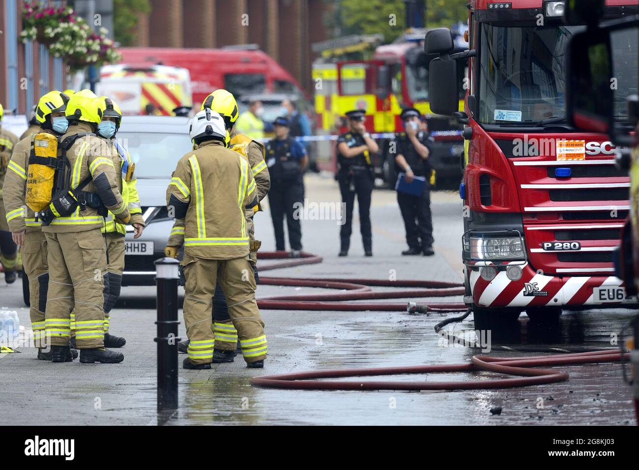 Maidstone, Kent, UK. Emergency services attending a large fire in the town centre.  14th July 2021. Stock Photo