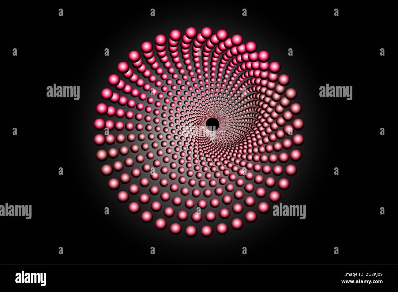 3D red halftone dots circle, spiral pattern round logo template, vector dotted frame. Gradient color design element isolated on black background Stock Vector