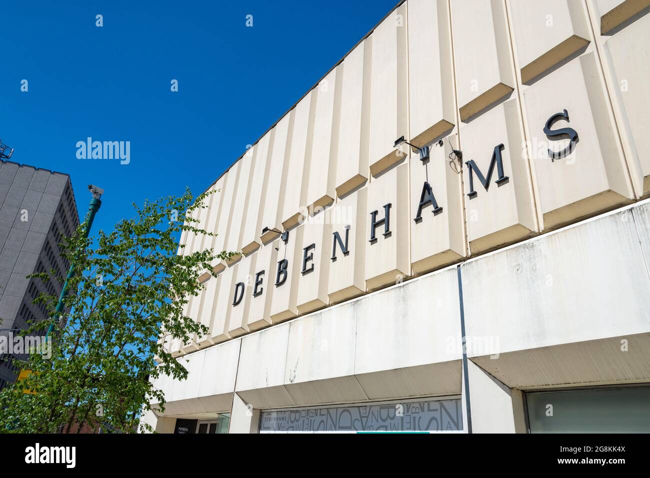 Exterior of the now closed Debenhams department store in Stockport, Greater Manchester. Once a landmark in the town it closed in 2021. Stock Photo