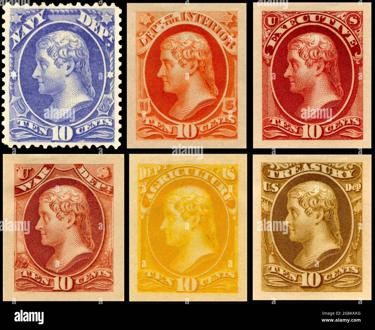 Group of six official postage stamps depicting Thomas Jefferson issued