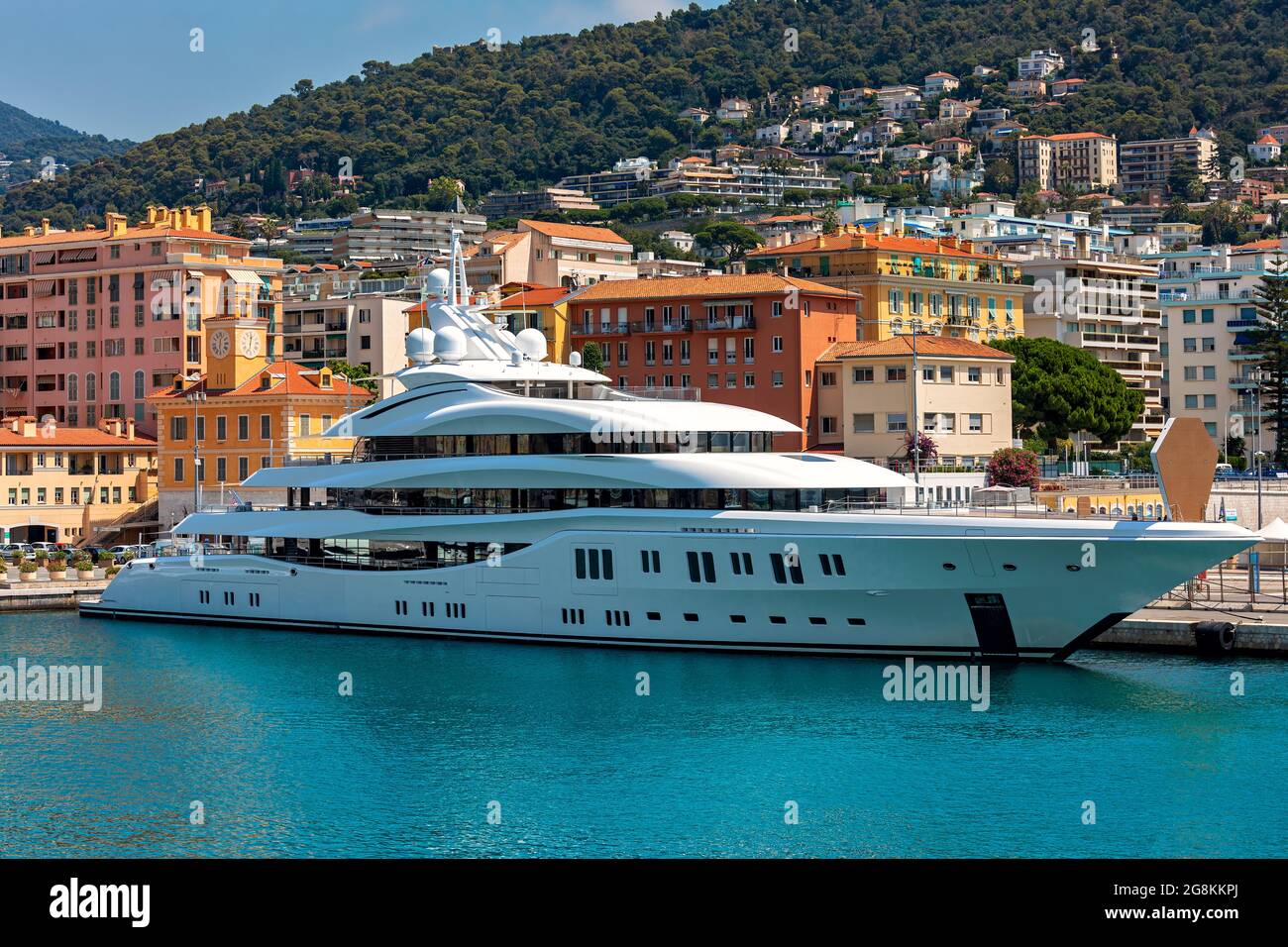 Big white luxury yacht moored at the port of Nice, France. Stock Photo